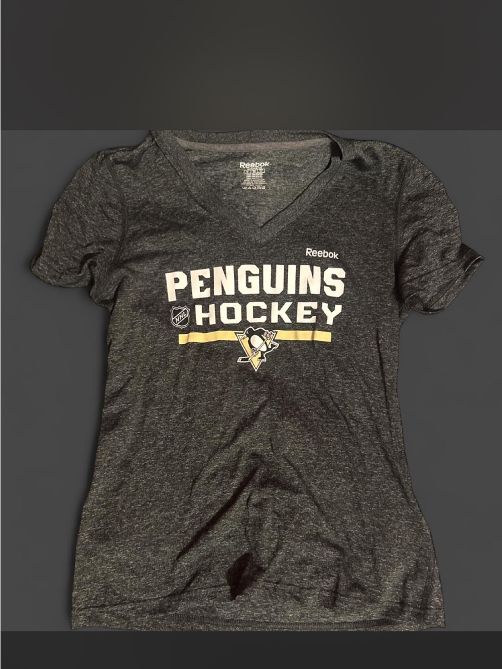 Reebok Women's Pittsburgh Penguins Black Heather V-Neck Tee with Yellow Accent